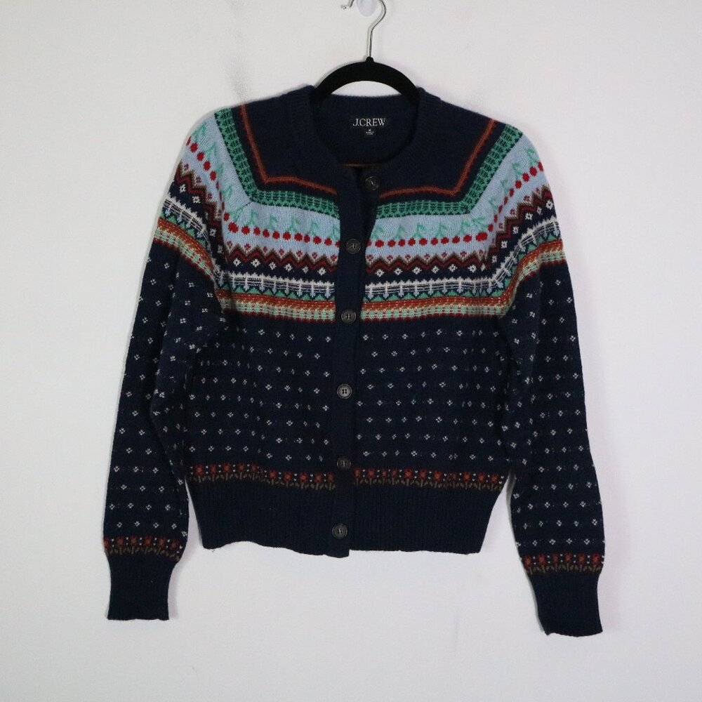 J Crew Fair Isle Cardigan Sweater Womens Medium Cherries Lambswool Button Front